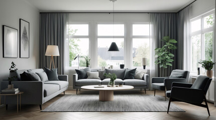 Fototapeta premium Sleek Scandinavian living room featuring neutral gray couch minimalist style and functional design elements for modern elegance Modern Interior Design Inspiration