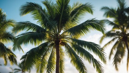 Fototapeta premium Tropical palm trees against a bright sky with sunlight filtering through leaves showing vibrant green colors Copy Space