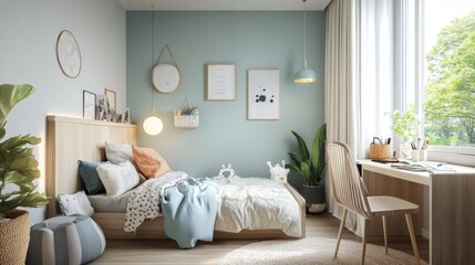 Airy and fresh kids' room featuring a small bed, soft pastel hues, and a wooden desk for studying