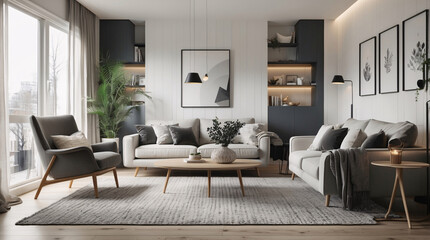 Sleek Scandinavian living room with neutral gray couch minimalist style and functional design for a modern open feel Modern Interior Design Inspiration
