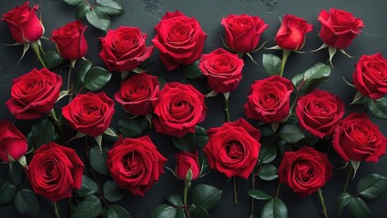 Obraz premium Arrangement of Fresh Red Roses with Green Leaves on Dark Background Ideal for Floral Composition or Love Theme Copy Space