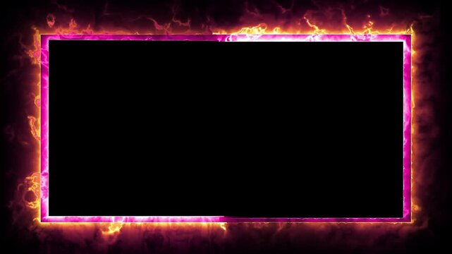 Fire neon light rectangle frame loop animated background. Burning neon lights frame box animation seamless loop, alpha channel. Fire line glowing rectangle border 4k video footage. 