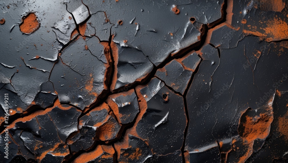 Fototapete cracked black and rust texture with detailed patterns and deep fissures for abstract backgrounds and