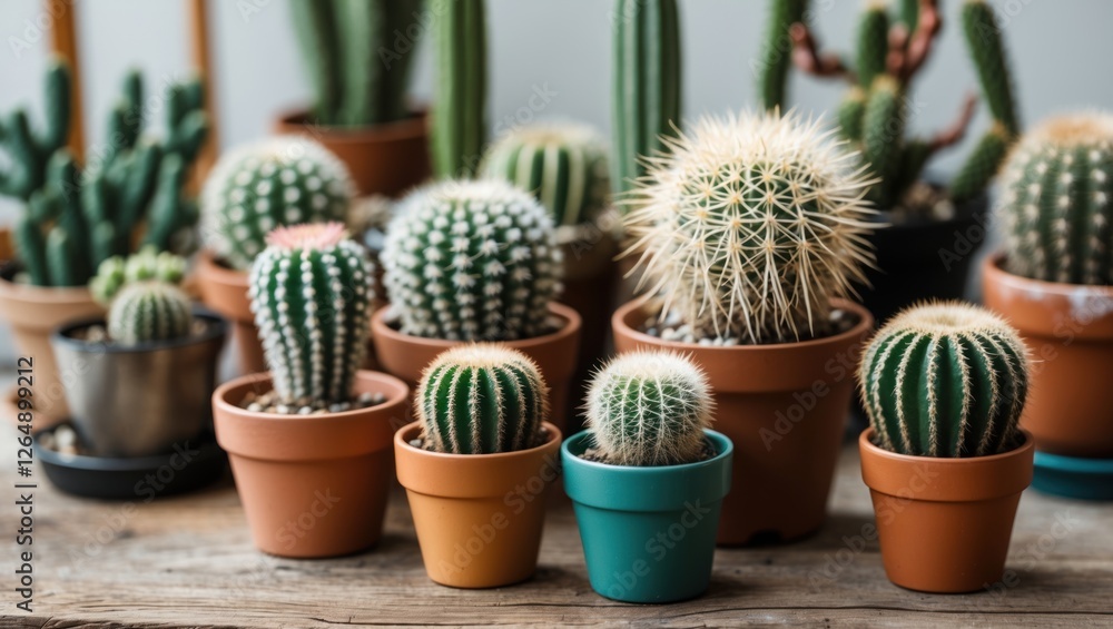 Poster assorted cacti in various pots on wooden surface with natural lighting copy space