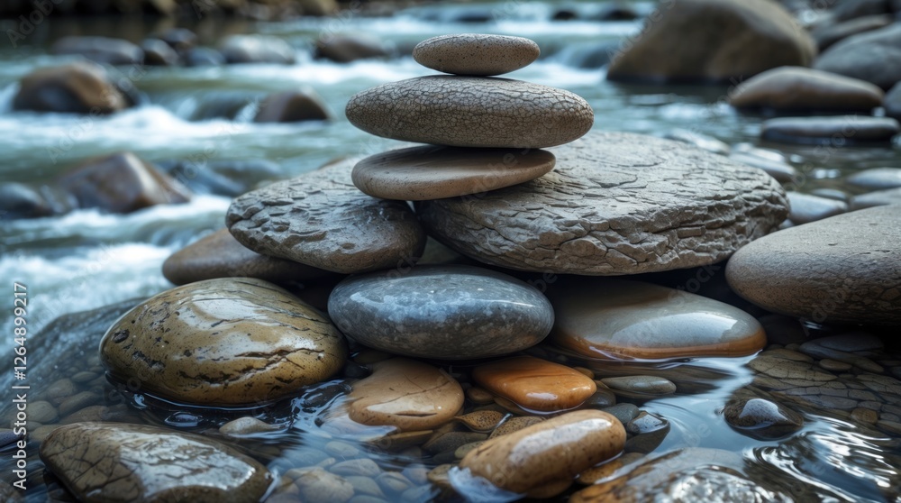 Poster stacked smooth stones on riverbank with flowing water in background natural landscape with pebbles a