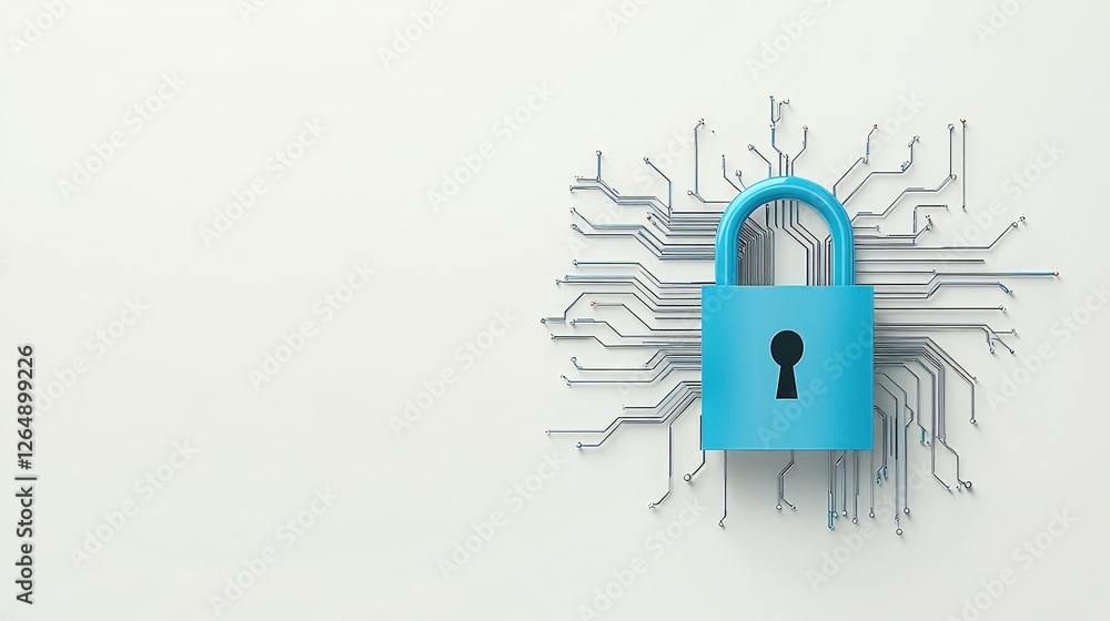 Poster blue digital lock with circuit pattern on light background
