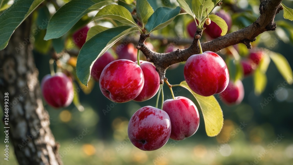Poster ripe red apples hanging from a tree branch in sunlight with green leaves and blurred background copy