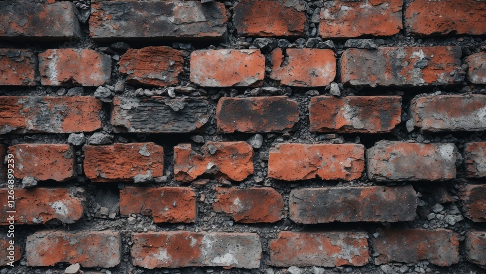 Poster Red brick wall with uneven texture and visible mortar cracks suitable for background or construction projects. Copy Space