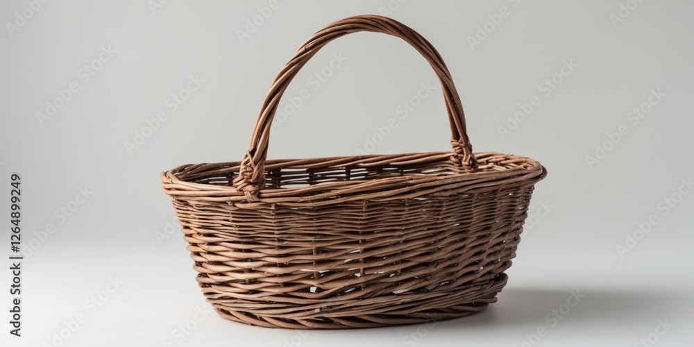 Poster woven wicker basket with curved handle on neutral background showcasing texture and design elements 