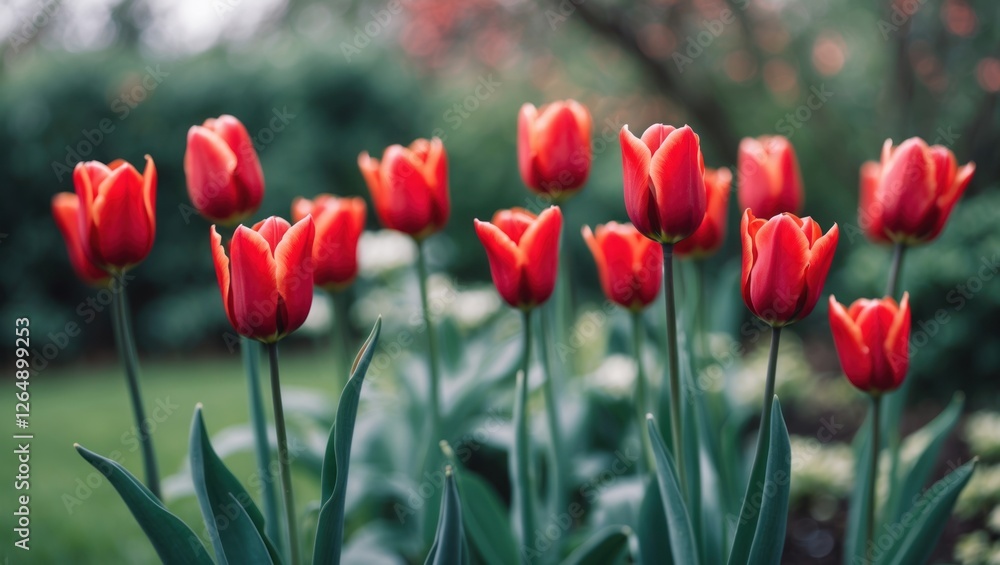 Poster field of vibrant red tulips in bloom surrounded by green foliage with blurred background and natural