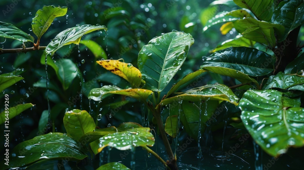 Poster rain droplets on vibrant green leaves in a lush forest setting with soft lighting and natural greene