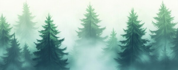 Obraz premium Misty Forest Landscape with Pine Trees and Fog in Soft Green Hues for Nature and Outdoor Themes