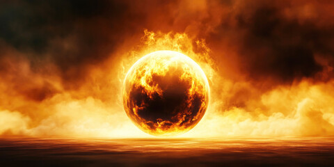 Fiery sun and clouds abstract design with burning symbol for spiritual concept art