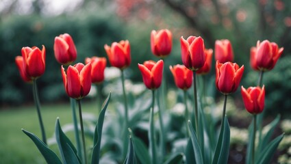 Obraz premium Field of vibrant red tulips in bloom surrounded by green foliage with blurred background and natural lighting. Copy Space