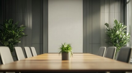 Fototapeta premium A sleek boardroom with minimalist decor and a central plant feature that emphasizes simplicity, offering a tranquil environment for strategic discussions.