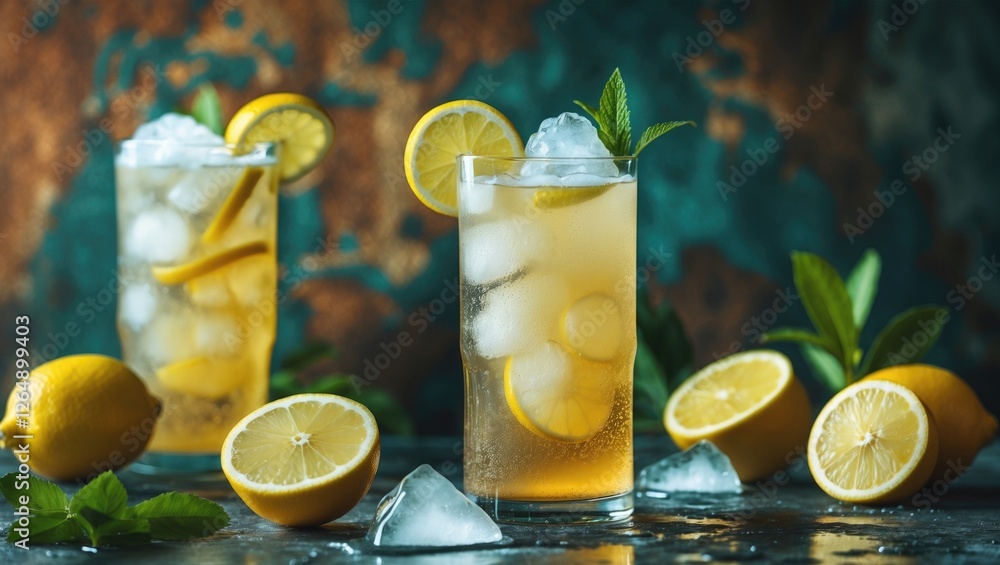 Aufkleber fresh lemonade drinks with ice and lemon slices in tall glasses against a textured background with l