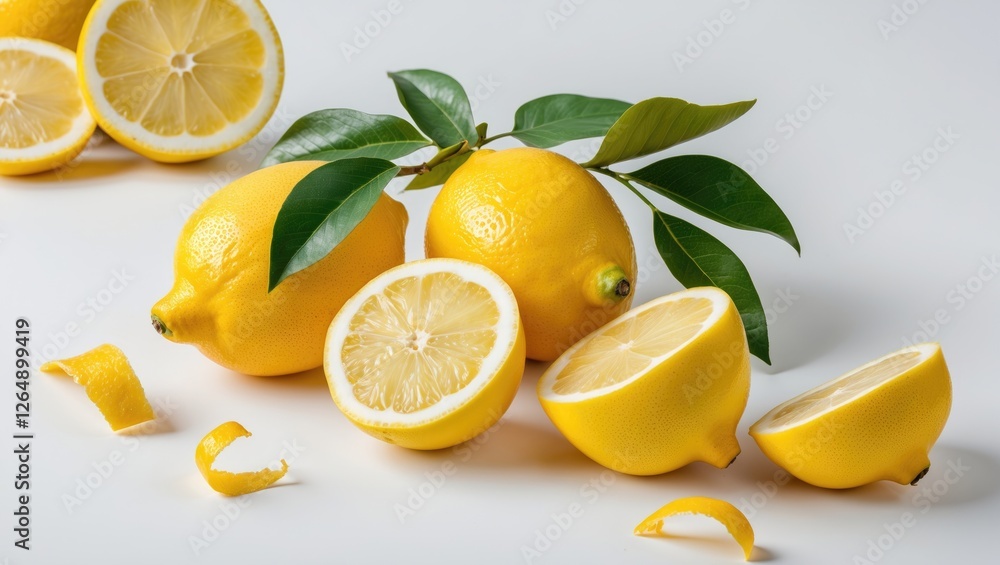 Poster fresh yellow lemons with green leaves and lemon slices on a light background with copy space for tex
