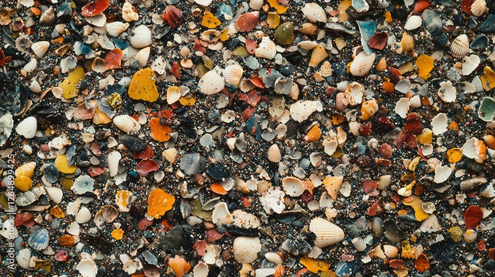 Poster Vibrant hues of tiny shells and grains of sand create a mesmerizing pattern on the beach, capturing the essence of coastal beauty and nature's artistry