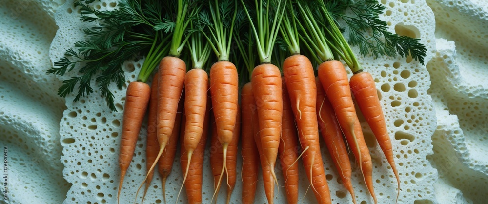 Poster fresh organic carrots with green tops arranged on a textured surface with copy space for text placem