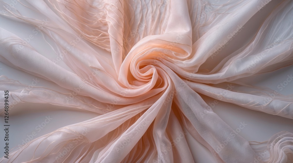 Poster peach colored delicate sheer fabric arranged in a spiral pattern on a flat surface with soft lightin