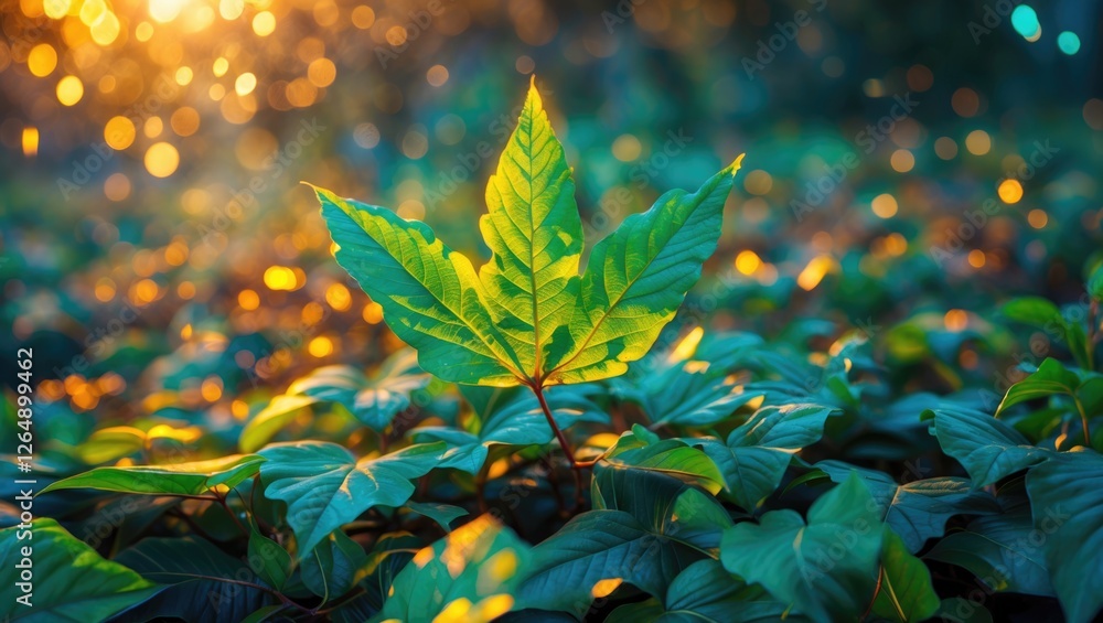 Aufkleber Green maple leaf illuminated by sunlight on a blurred background of lush greenery with bokeh effect and copy space for text