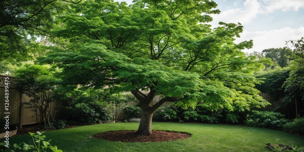 Poster lush green large tree in a well-maintained garden surrounded by shrubbery and a clear sky with copy 