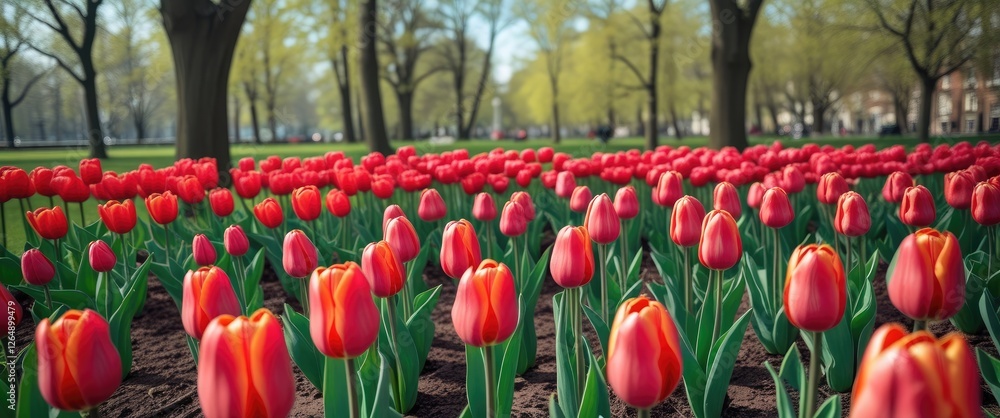 Poster Vibrant red and orange tulips in a park setting with soft green foliage and trees in the background during spring season Copy Space