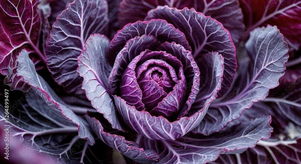 Poster Purple Cabbage close-up with intricate leaf patterns and textures on a dark background, showcasing vibrant colors and natural beauty, Copy Space
