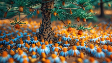 Colorful pine tree scene with vibrant orange and blue flowers blooming around the base, detailed bark texture, nature background, Copy Space