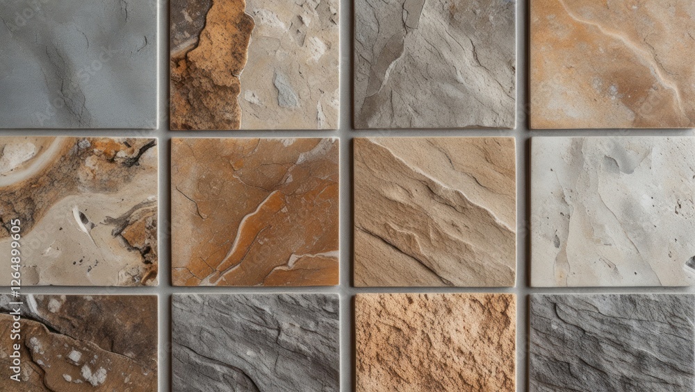 Poster Textured stone tile background in various shades of gray, beige, and orange arranged in a grid pattern with copy space.