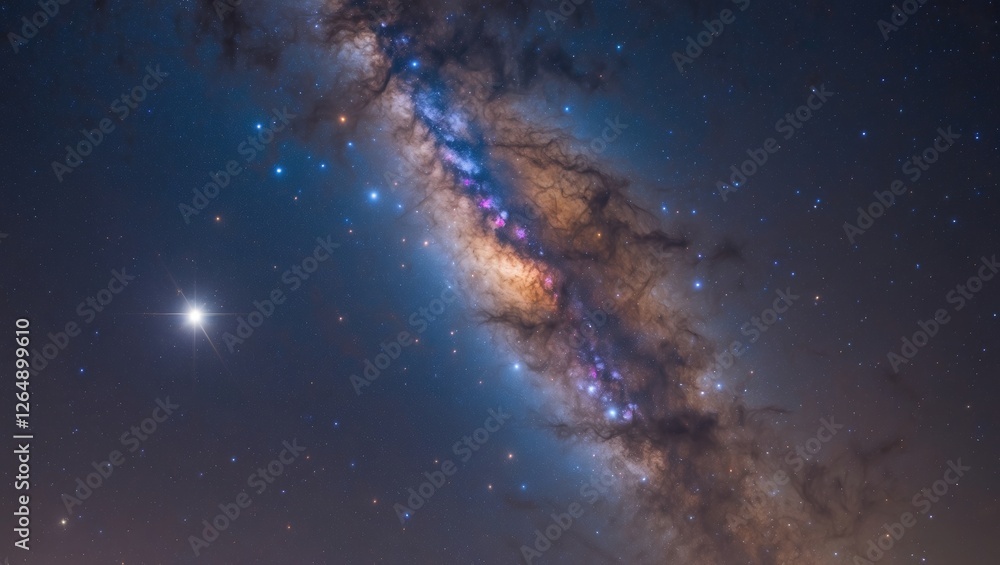 Poster colorful galaxy in deep space with stars and cosmic dust visible creating a dramatic celestial scene