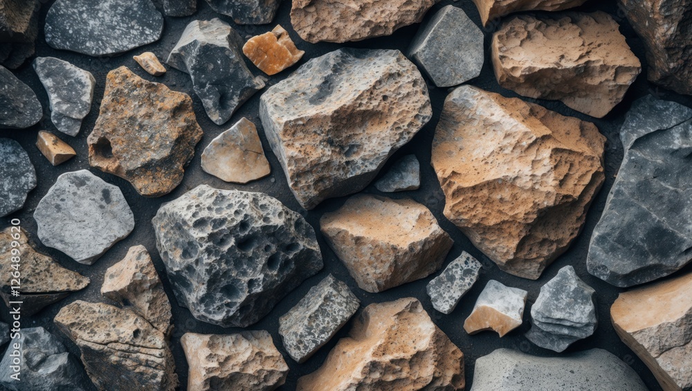 Poster variety of textured stones and rocks in earthy tones arranged in a random pattern on a flat surface 