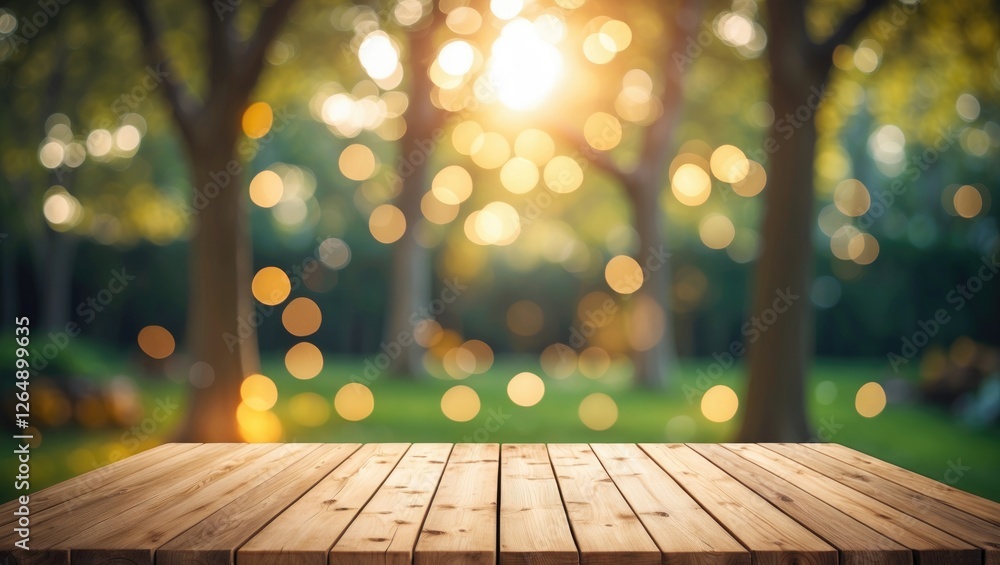 Aufkleber wooden table surface in front of blurred nature background with sunlight and bokeh effects ideal for