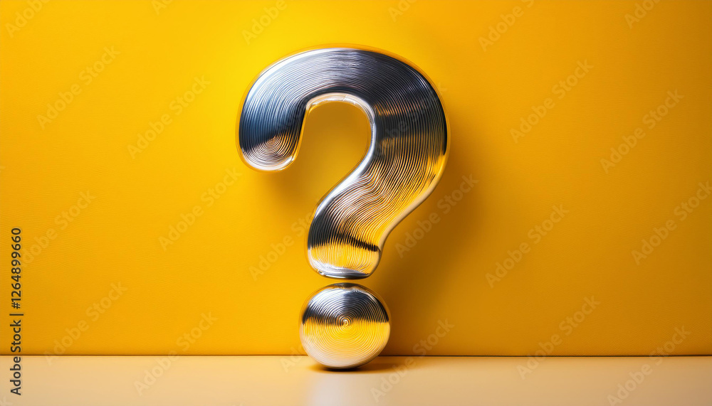 Aufkleber shiny silver or chrome question mark on yellow background. faq and qa. problem solution.