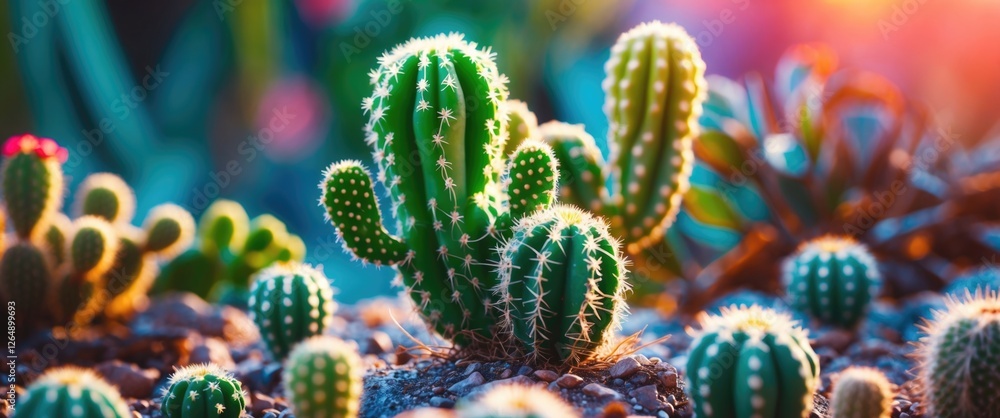 Aufkleber Cactus garden with various cactus species illuminated by warm sunlight in a desert setting Copy Space