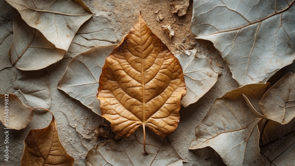 Poster close-up of dried autumn leaves arranged on a textured surface with a prominent leaf in the center c