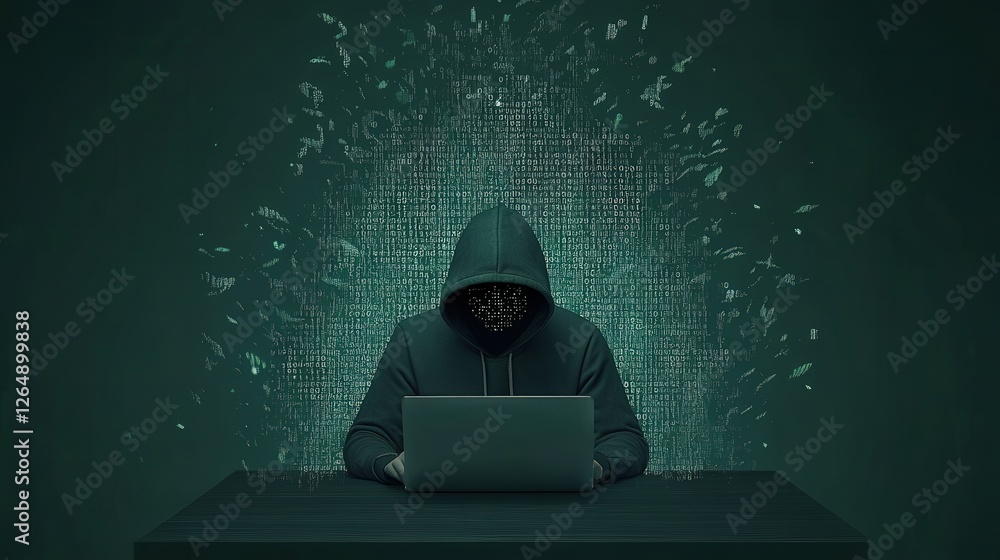 Poster mysterious hacker in green hoodie working on laptop with glitch effect