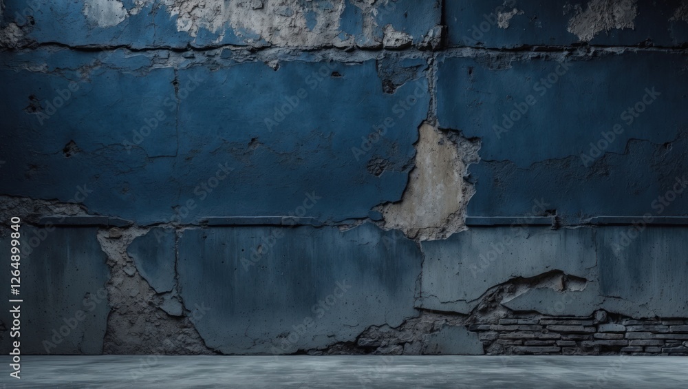Poster Blue grunge concrete wall with peeling paint and cracks in an industrial setting with floor space for text or design elements Copy Space
