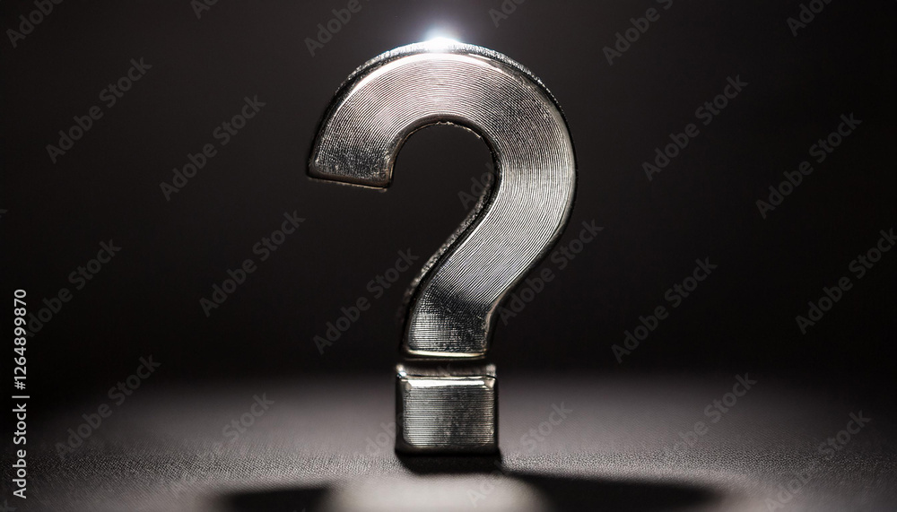 Poster shiny silver or chrome question mark on black background. faq and qa. problem solution.
