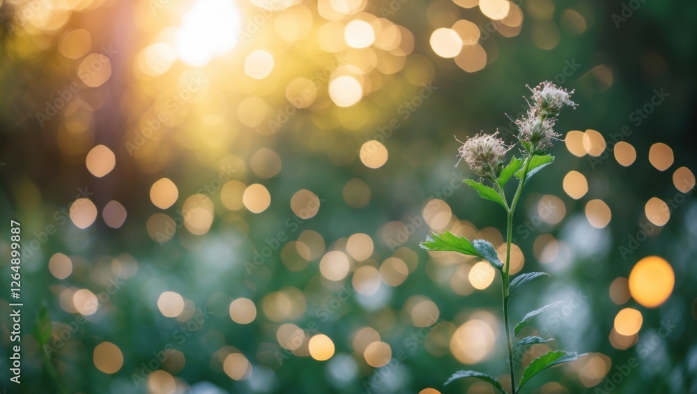 Aufkleber single flowering plant in focus with blurred background of bokeh lights and sunlight shining through