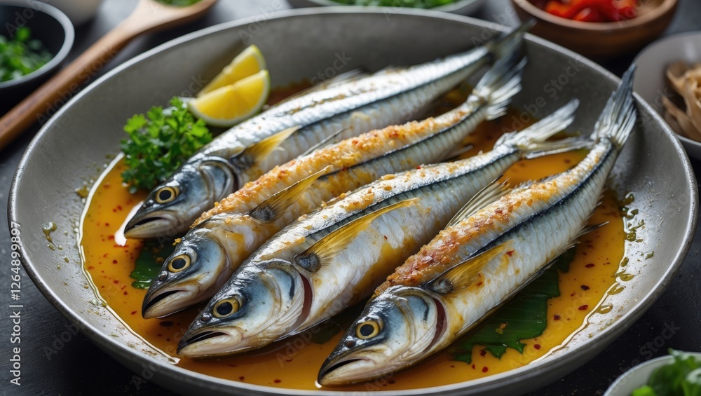 Aufkleber grilled fish fillets garnished with herbs and lemon slices in a round dish on a dark table with cond