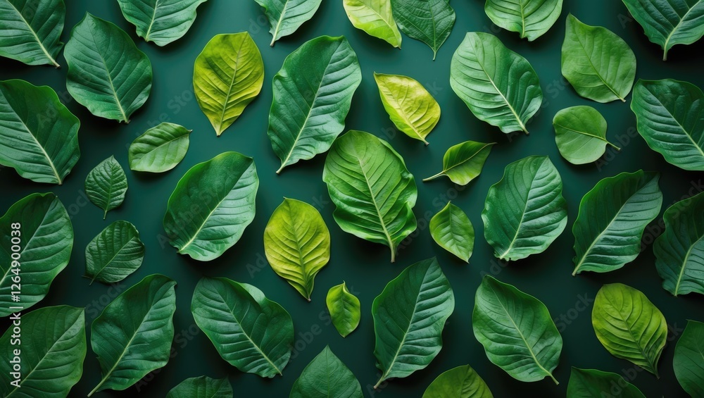 Poster various green leaves composition on a dark surface in natural light with ample copy space for text p