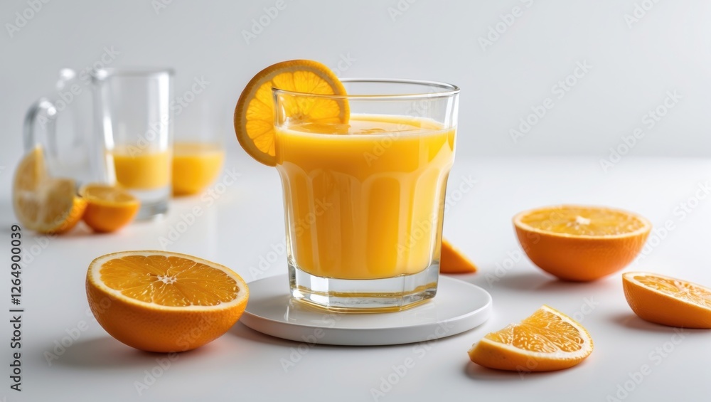 Poster freshly squeezed orange juice in a glass with slices of orange on a white background displaying vibr