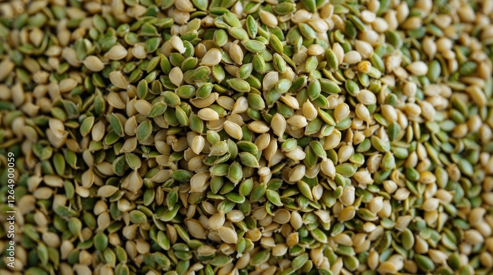 Poster close-up of various seeds in a mixture including green and beige seeds, textured background ideal fo