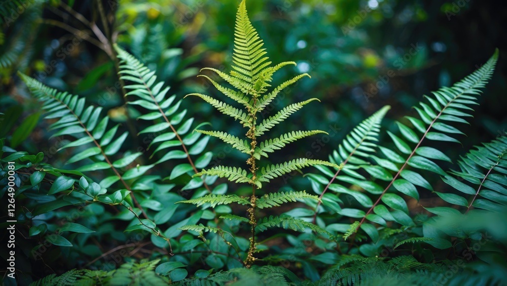 Poster Lush green ferns with intricate leaf patterns in a vibrant natural setting with blurred background and copy space for text