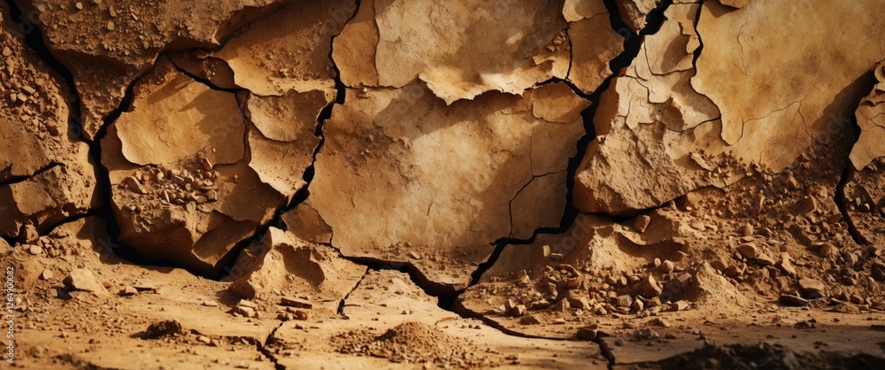 Poster dry cracked earth surface texture pattern background with detailed cracks and dusty soil. copy space
