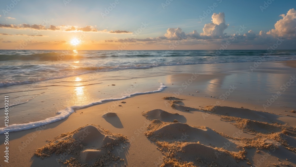 Poster sunset view over calm ocean waves with footprints on sandy beach and dramatic clouds in clear sky co