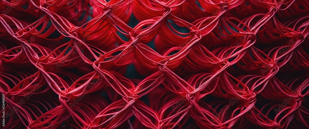 Poster Red geometric pattern made of interconnected loops and rings with a textured background ideal for abstract design or textile concepts Copy Space