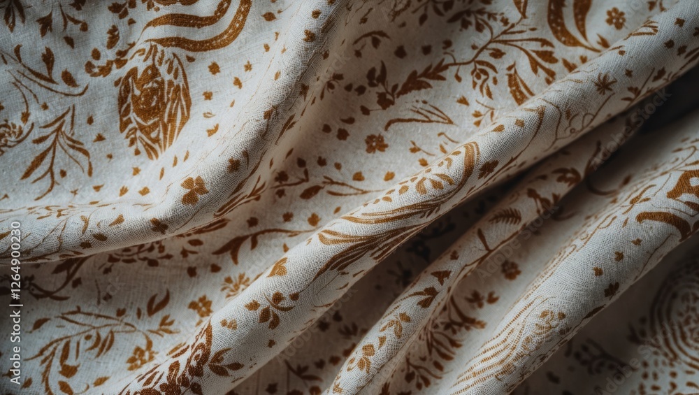 Poster Cotton fabric with intricate floral pattern in beige and brown tones texture with soft folds and creases suitable for textile design Use Copy Space