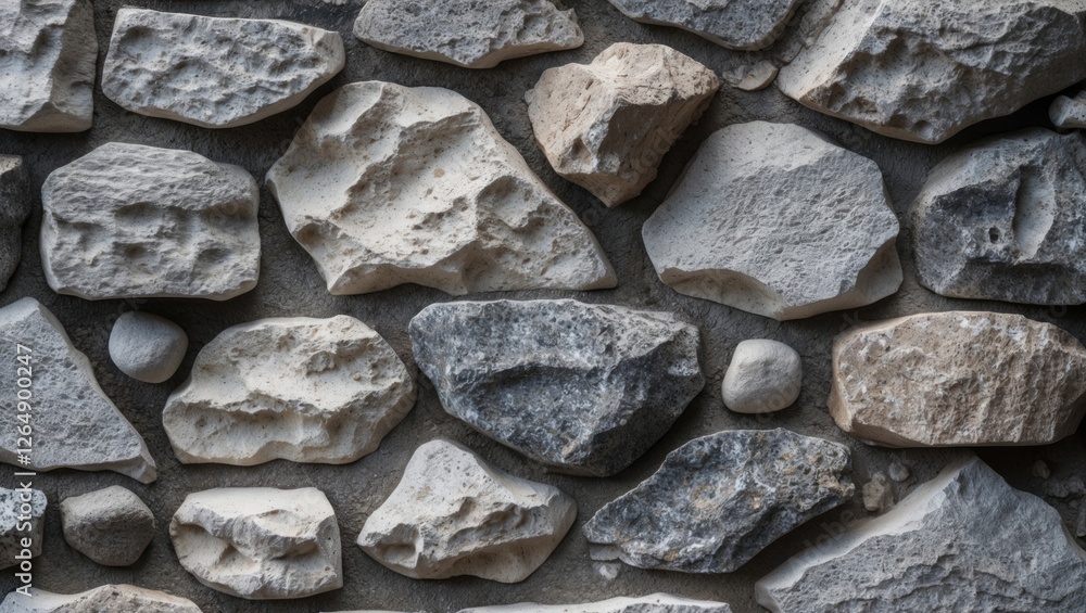 Poster wall made of irregularly shaped stones in various shades of gray and beige with textured surfaces an